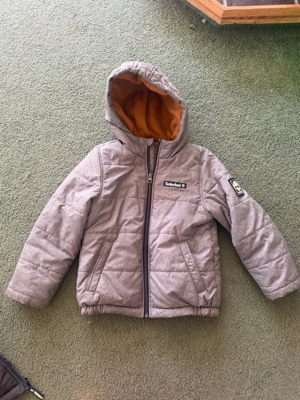Timberland Kids Gray Hooded Puffer with Orange Lining